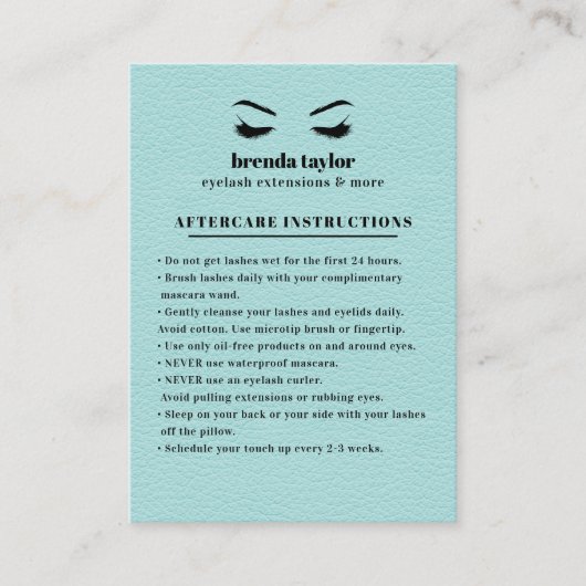 Carte De Visite AQUA Suede Eyelash Browbar Instructions de suivi (Devant)