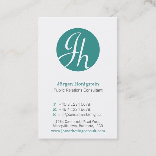 Carte De Visite Aqua turquoise cercle blanc initial moderne (Devant)