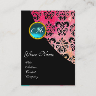 Carte De Visite AQUAMARINE BLEUE DAMASK MONOGRAM, rose fuchsia