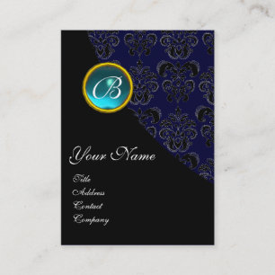 Carte De Visite AQUAMARINE BLEUE DAMASK MONOGRAS, turquase rose