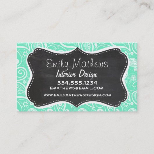 Carte De Visite Aquamarine Paisley; Tableau Noir Rétro (Devant)