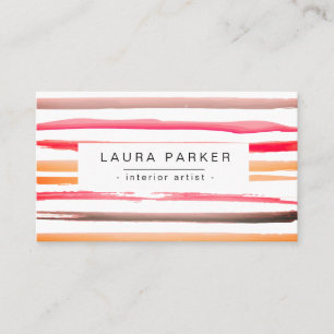Carte De Visite Aquarelle à rayures minimalistes Motif rose rouge