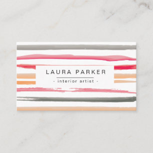 Carte De Visite Aquarelle à rayures minimalistes Motif rose rouge