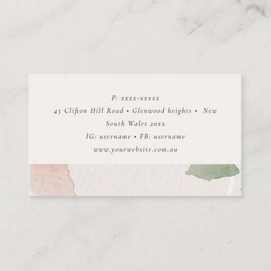 Carte De Visite Aquarelle Abstraite couleur verte rose pâle (Dos)