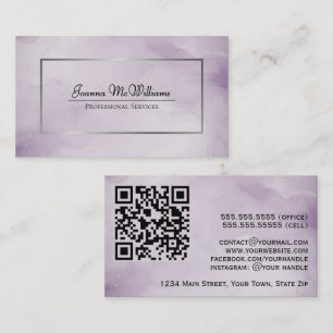 Carte De Visite Aquarelle Abstraite Dusty Purple & Silver Code QR