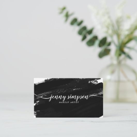 Carte De Visite Aquarelle Abstraite Noir Blanc Script Calligraphie (Debout devant)