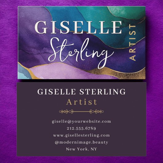 Carte De Visite Aquarelle Abstraite violet or Wavy