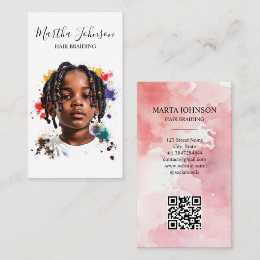 Carte De Visite Aquarelle Afro American Braids Braiding QR Code (Devant / Derrière)