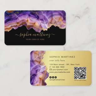 Carte De Visite Aquarelle Agate Violet paillettes d'or & Code QR