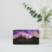 Carte De Visite Aquarelle Agate Violet paillettes d'or & Code QR (Debout devant)