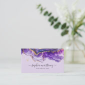 Carte De Visite Aquarelle Agate Violet paillettes d'or & Code QR (Debout devant)