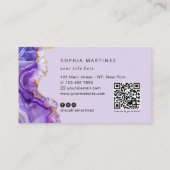 Carte De Visite Aquarelle Agate Violet paillettes d'or & Code QR (Dos)
