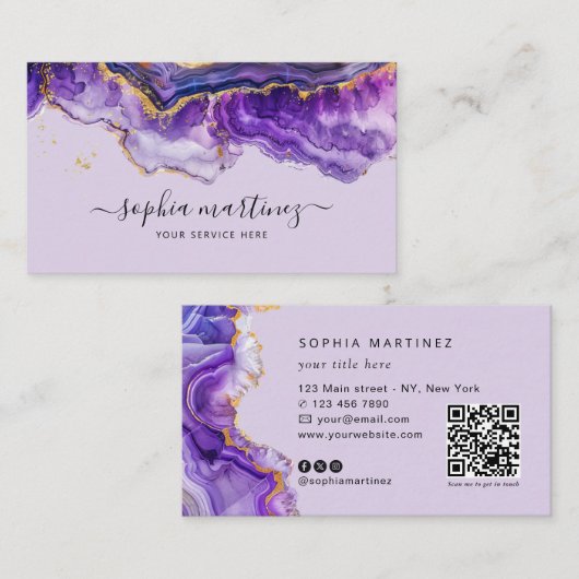 Carte De Visite Aquarelle Agate Violet paillettes d'or & Code QR (Devant / Derrière)