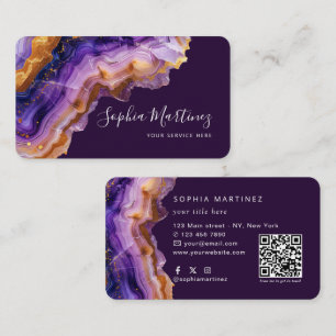 Carte De Visite Aquarelle Agate Violet paillettes d'or & Code QR