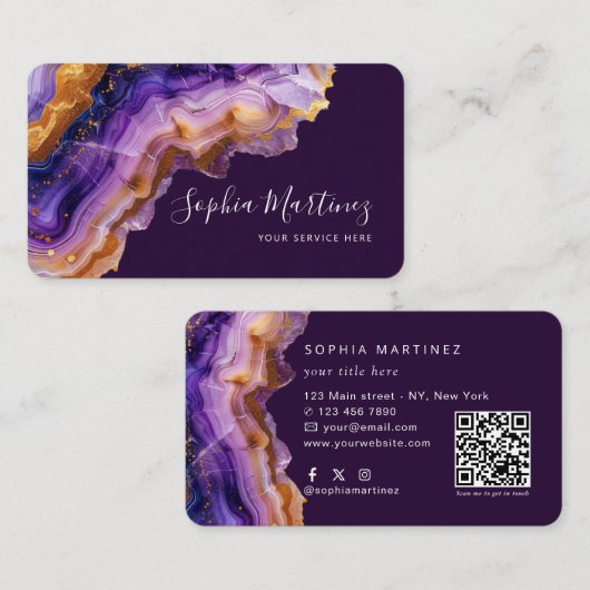 Carte De Visite Aquarelle Agate Violet paillettes d'or & Code QR (Devant / Derrière)