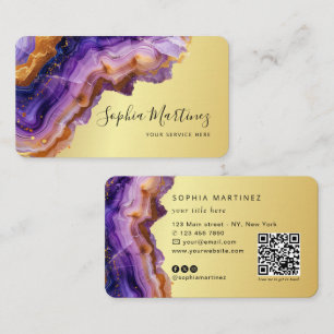 Carte De Visite Aquarelle Agate Violet paillettes d'or & Code QR