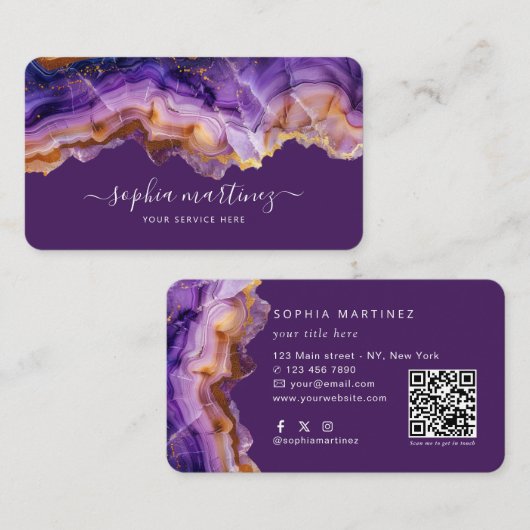 Carte De Visite Aquarelle Agate Violet paillettes d'or & Code QR (Devant / Derrière)