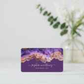 Carte De Visite Aquarelle Agate Violet paillettes d'or & Code QR (Debout devant)