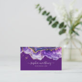 Carte De Visite Aquarelle Agate Violet paillettes d'or et code QR (Debout devant)