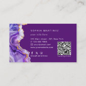 Carte De Visite Aquarelle Agate Violet paillettes d'or et code QR (Dos)