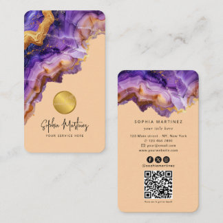 Carte De Visite Aquarelle Agate Violet paillettes d'or et logo QRC