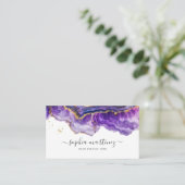 Carte De Visite Aquarelle Agate Violet paillettes d'or et QR Code (Debout devant)