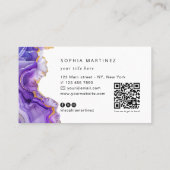 Carte De Visite Aquarelle Agate Violet paillettes d'or et QR Code (Dos)