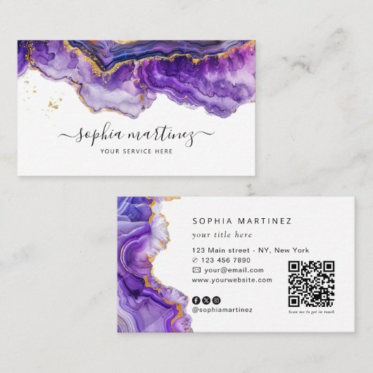Carte De Visite Aquarelle Agate Violet paillettes d'or et QR Code (Devant / Derrière)