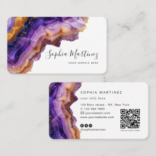 Carte De Visite Aquarelle Agate Violet paillettes d'or et QR Code