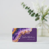 Carte De Visite Aquarelle Agate violette paillettes d'or & Code QR (Debout devant)