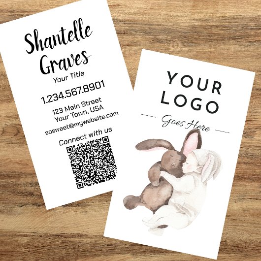Carte De Visite Aquarelle Bébé et lapin QR Code vertical