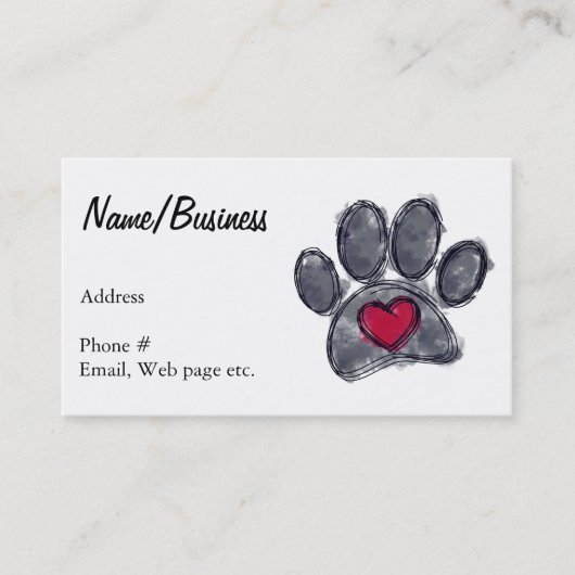 Carte De Visite Aquarelle Black Chien Empreinte de patte Red Heart (Devant)