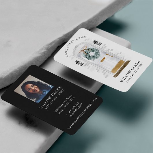 Carte De Visite Aquarelle blanche devant porte Wreath Immobilier