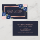 Carte De Visite Aquarelle bleu marine Rose or Floral (Devant / Derrière)