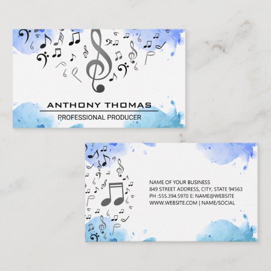 Carte De Visite Aquarelle bleu | Notes musicales (Devant / Derrière)