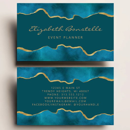 Carte De Visite Aquarelle bleu turquoise Or huile luxueuse