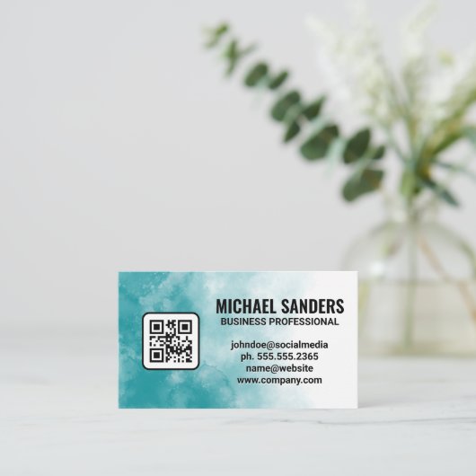Carte De Visite Aquarelle bleu vert texture | Code QR (Debout devant)