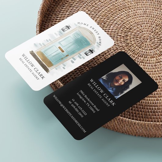 Carte De Visite Aquarelle bleue Agent immobilier de porte avant