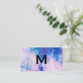 Carte De Visite Aquarelle bleue chic violet avec monogramme (Debout devant)