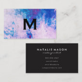 Carte De Visite Aquarelle bleue chic violet avec monogramme (Devant / Derrière)