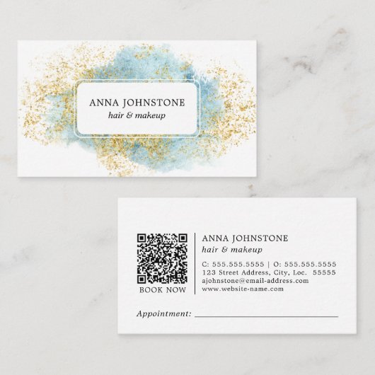 Carte De Visite Aquarelle bleue et code QR or | Rendez-vous (Devant / Derrière)