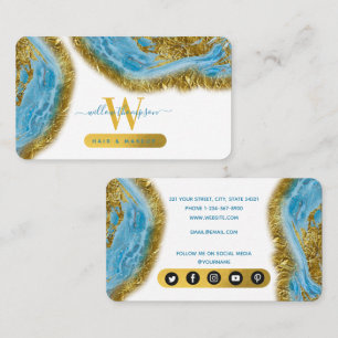 Carte De Visite Aquarelle bleue Marbre et huile d'or Cheveux et ma