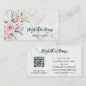 Carte De Visite Aquarelle Blush Floral Marbre | Code QR (Devant / Derrière)