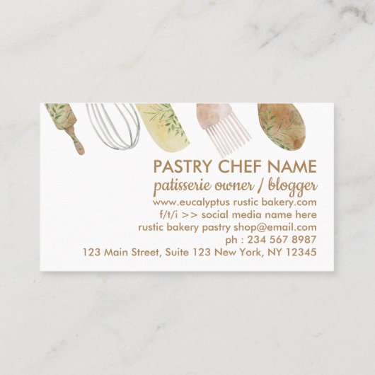 Carte De Visite Aquarelle boulangerie Rustique Floral mignon chef (Dos)
