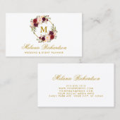 Carte De Visite Aquarelle Bourgogne Marsala Floral Monogramme Or (Devant / Derrière)