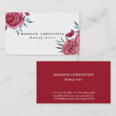 Carte De Visite Aquarelle Bourgogne Rouge Roses Florales (Devant / Derrière)