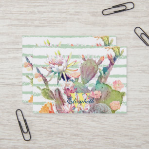 Carte De Visite Aquarelle cactus, motifs floraux et rayures