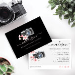 Carte De Visite Aquarelle Caméra Vintage et photos de fleurs<br><div class="desc">Le carte de visite idéal pour promouvoir votre activité photographique. L'avant de la carte est orné de notre caméra vintage à aquarelle noire dessinée à la main, avec nos magnifiques fleurs de cerisier rose aquarelle encadrant la caméra. Customisez avec votre nom d'entreprise et votre site Web. Le côté Reverse comprend...</div>