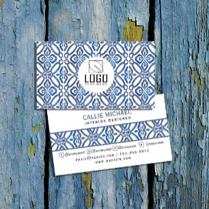 Carte De Visite aquarelle carreaux bleu Abstraits
