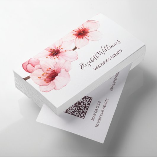 Carte De Visite Aquarelle Cerisier Fleur Blanc | Code Qr